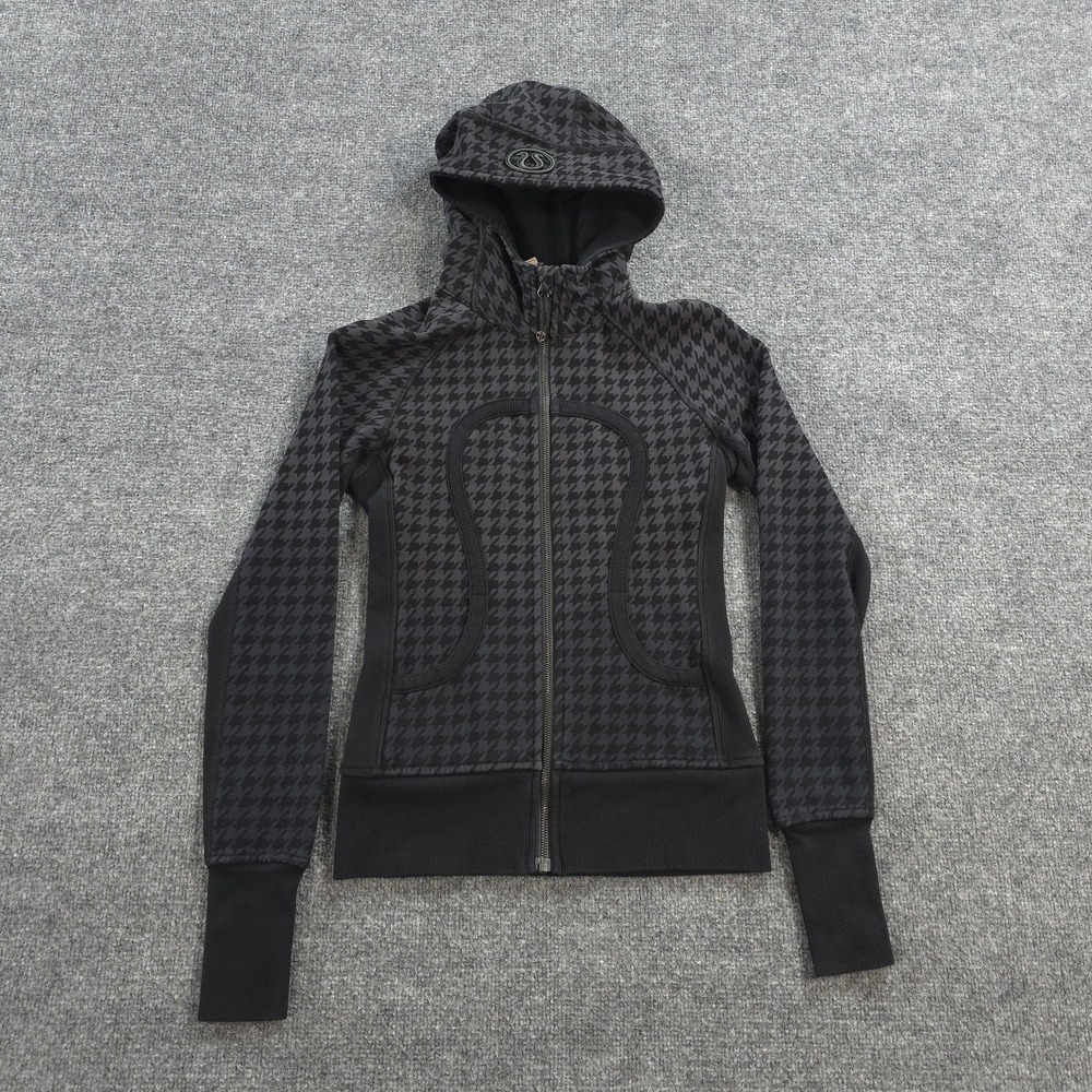 Lululemon Hoodie Womens 4 Gray Houndstooth Scuba Fleece Full Zip Thumbholes